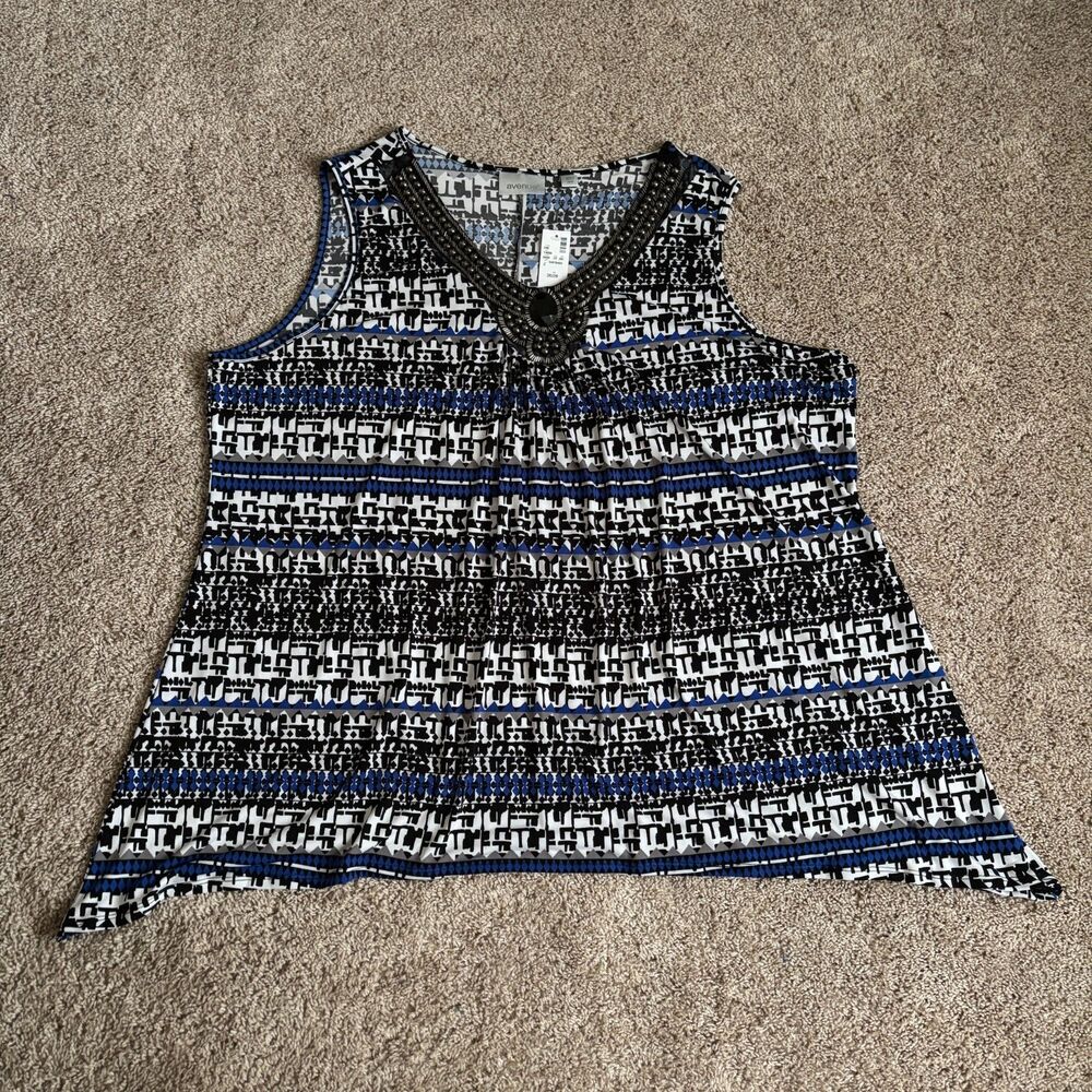 Avenue Blouse Womens 26/28 Black Blue Sleeveless Embellished V-Neck NWT